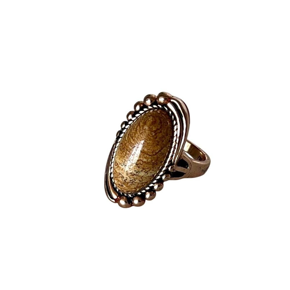 Rose Gold Plated Sterling Silver Jasper Stone Statement Bezel Ring US 6.75